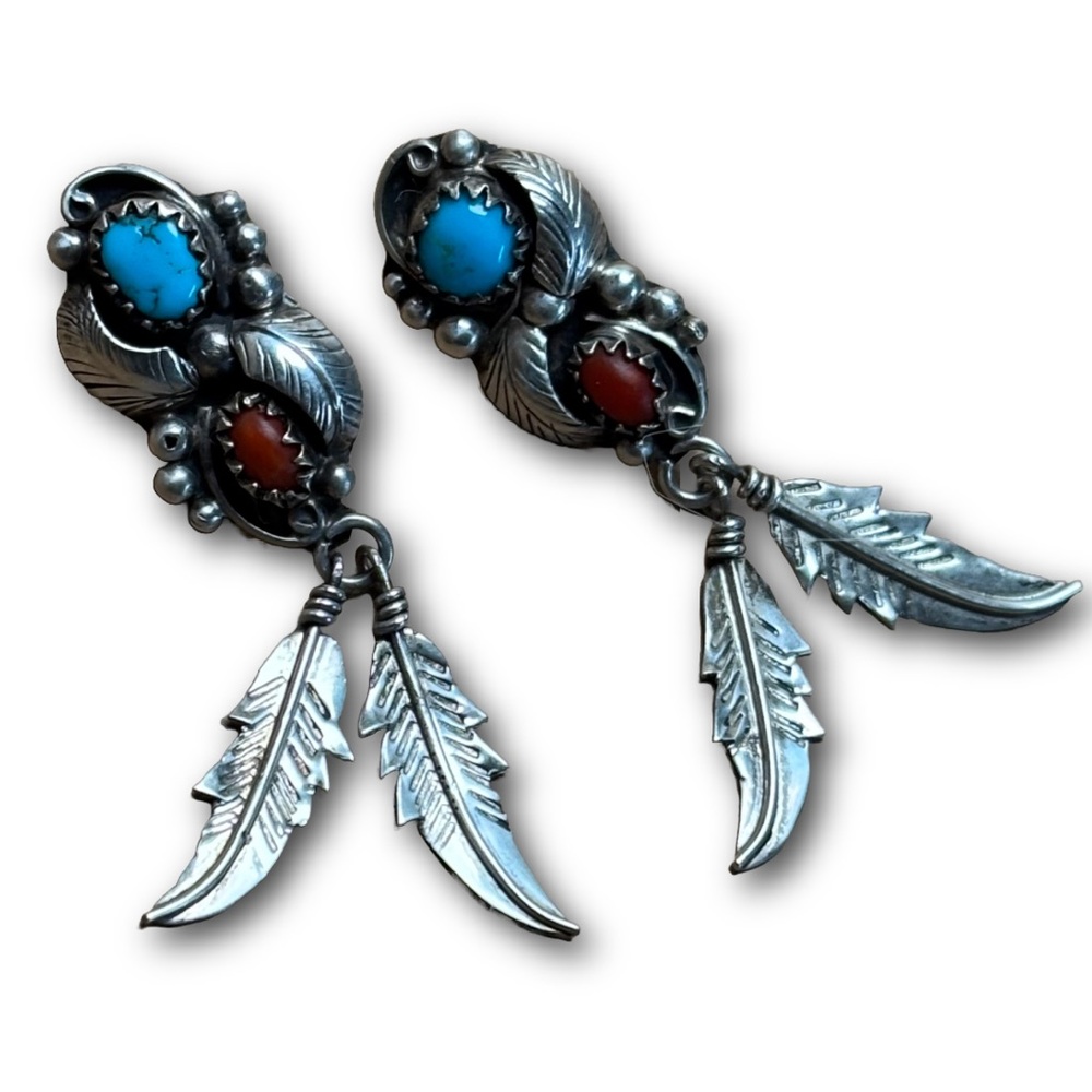 Sterling Silver Turquoise & Coral Feather Earrings – T&R Singer